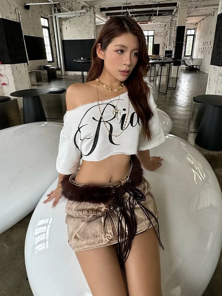 Nibber Classic Loose Letter Print Mini t-Shirt Women Summer Trend Biased Collar Versatile Street Skinny Simple Party Daily Tops Aviola
