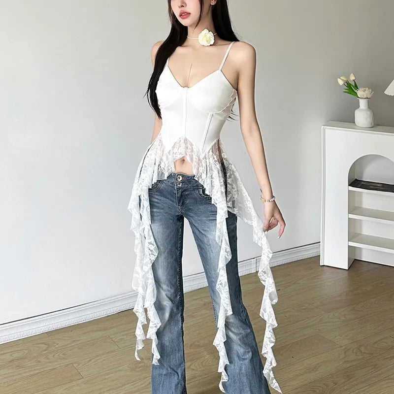 MEXZT Y2K Irregular White Tank Top Women Sexy Lace Ruffles Backless Black Corset Summer Gyaru Streetwear Grunge Bandage Camis Aviola