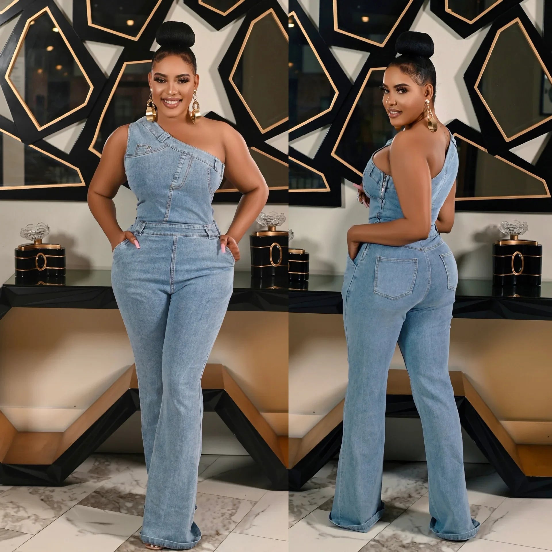 Flare Denim Pants Full Length Women Jeans One Piece Overalls Spliced Solid Jumpsuits Loose Pockets High Waist Basics Washed Aviola