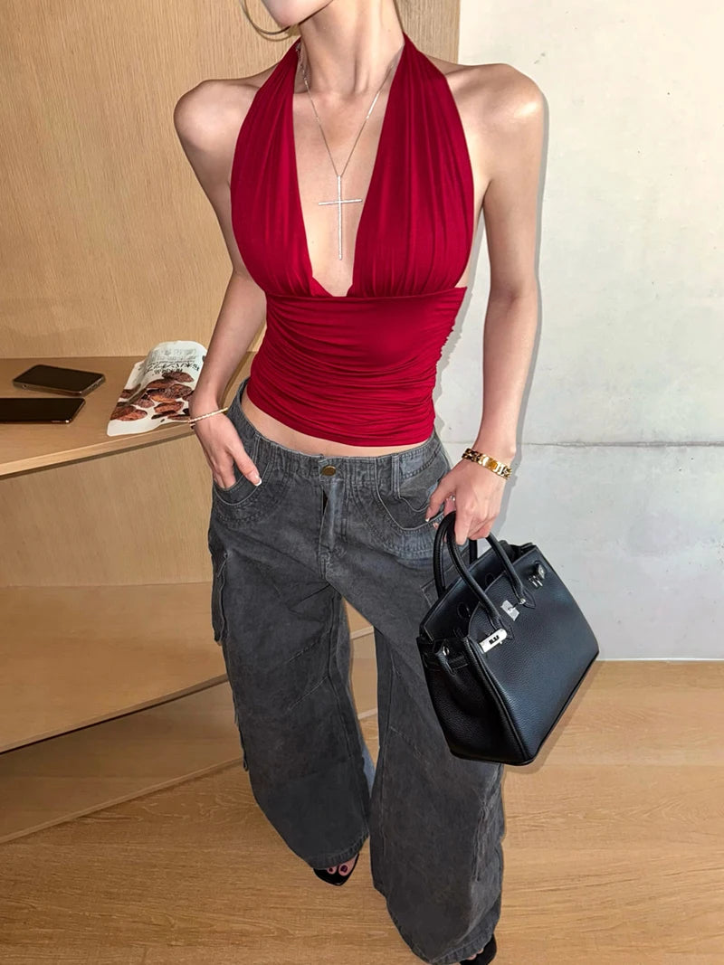 MEXZT Y2K Red Tank Top Women Streetwear Sexy Gyaru Halter Backless Corset Grunge Aesthetic V Neck Camis Summer Coquette Clothes Aviola
