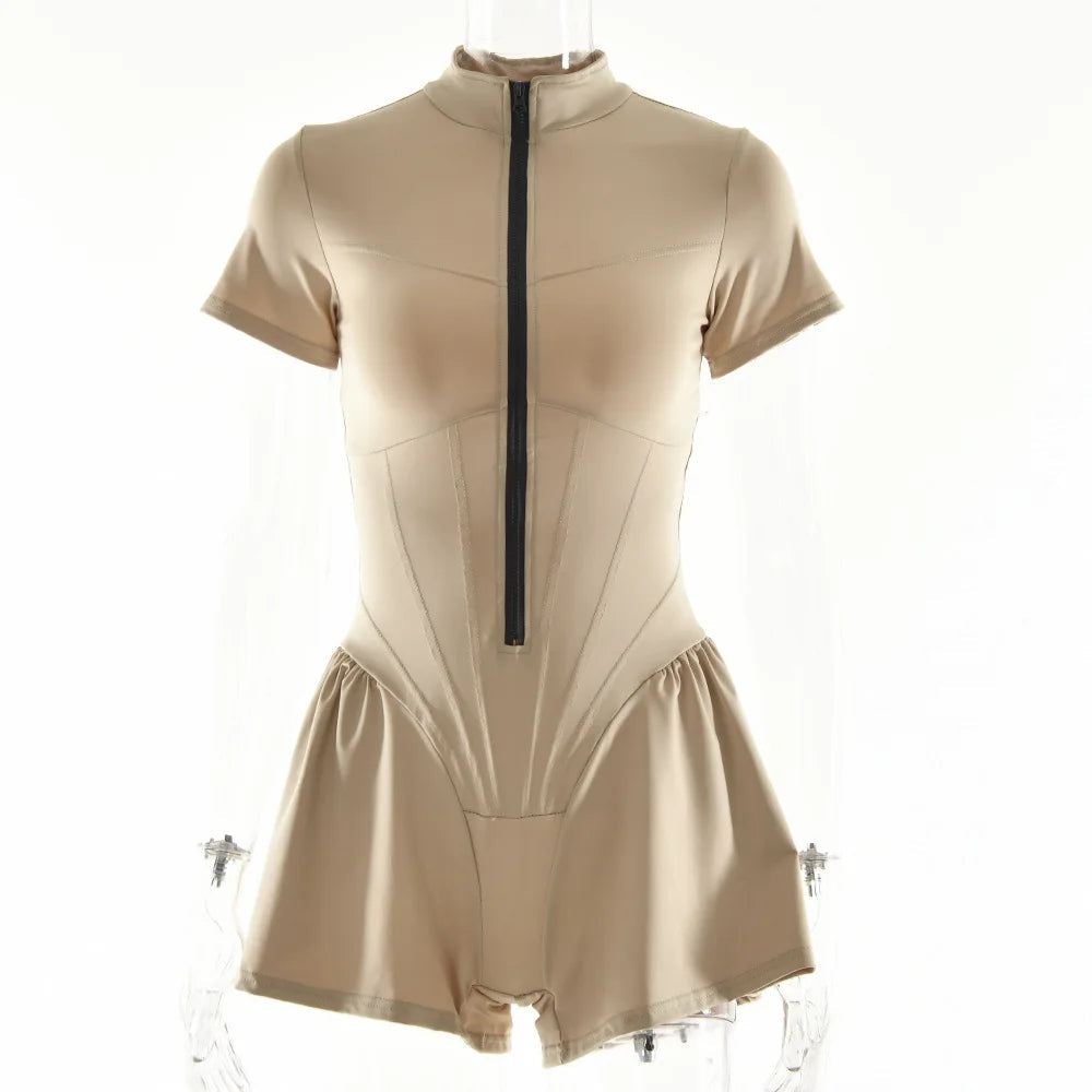 Sexy Tight Skirt jumpsuit Spring/Summer New Women's Round Neck Short Sleeve Zipper Bottom Shirt Aviola