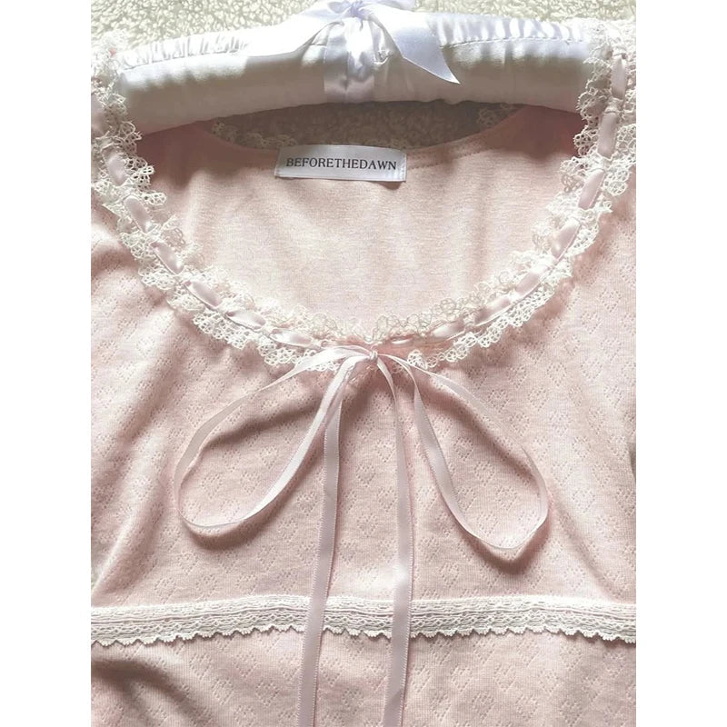 MEXZT Kawaii Pink T Shirt Women Japanese Cute Bow Lace Up Tops Summer Y2K Korean Fashion Lace Patchwork Puff Short Sleeve Tees Aviola