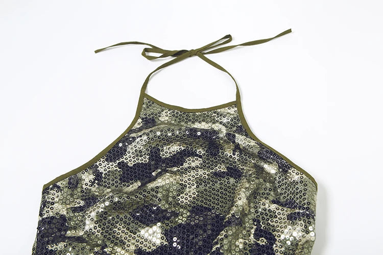 Nibber Camouflage Print Sequins Camisole Women Halter Lace-Up Backless Sleeveless Sexy Street Midnight Daily Summer Trend Tops Aviola