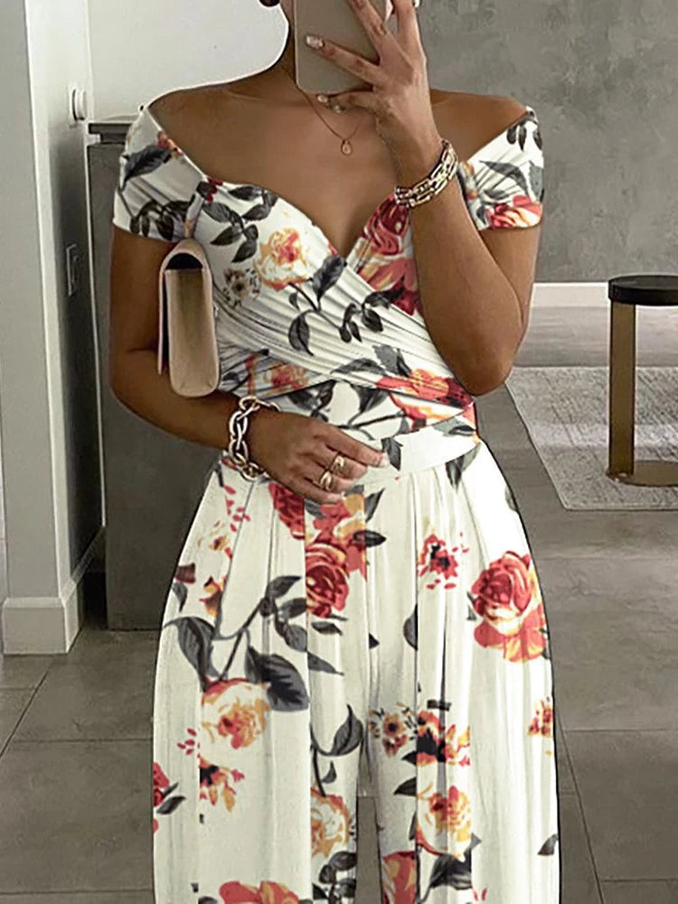 Floral Print Jumpsuit Women Summer Y2k Straight Party Overalls Y2k Club Romper Elegant Off Shoulder Sleeveless Party Jumpsuits Aviola