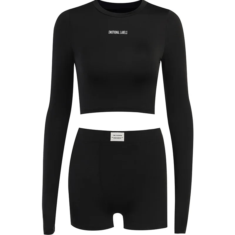 Round Neck Long Short sleeved 3/4 Shorts Two piece Women's Fashion Sports Versatile Set Aviola