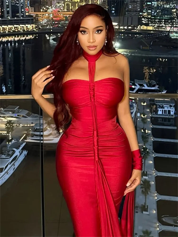 Nibber Elegant Halter Maxi Dress Women Backless Skinny Solid Hand Strap Hem Summer Trend Sexy Vacation Birthday Party Vestidos Aviola