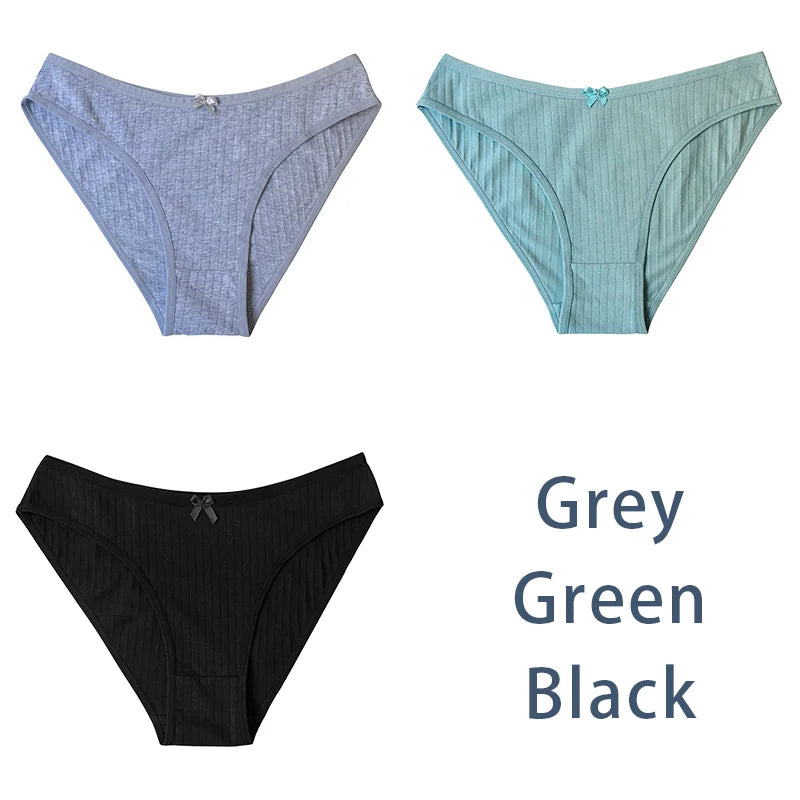 3PCS/Set Women Cotton Panties Sexy Classic Underwear Low Rise Female Rib Underpants Girls Comfort Briefs Bow Lingerie Aviola