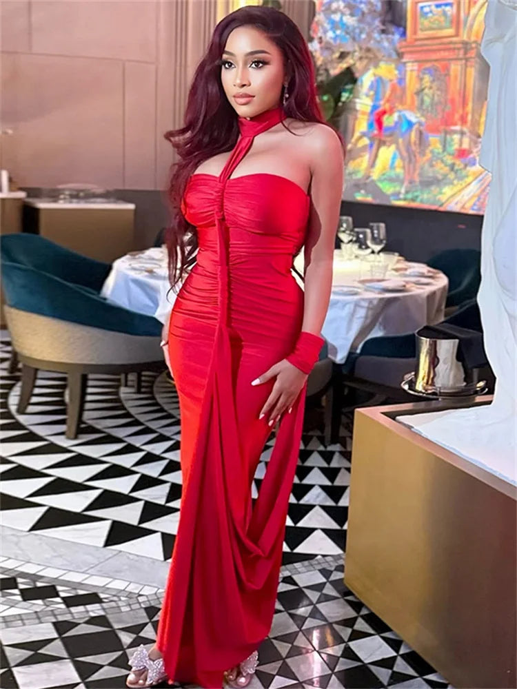 Nibber Elegant Halter Maxi Dress Women Backless Skinny Solid Hand Strap Hem Summer Trend Sexy Vacation Birthday Party Vestidos Aviola