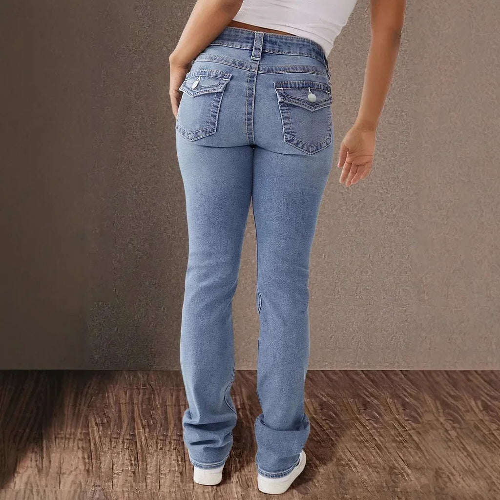 Jeans Denim Pant Women Long Pants Bodycon Button Pocket Splice Straight Trousers Solid Y2k Blue Mom Mid Waist Slim Streetwear Aviola