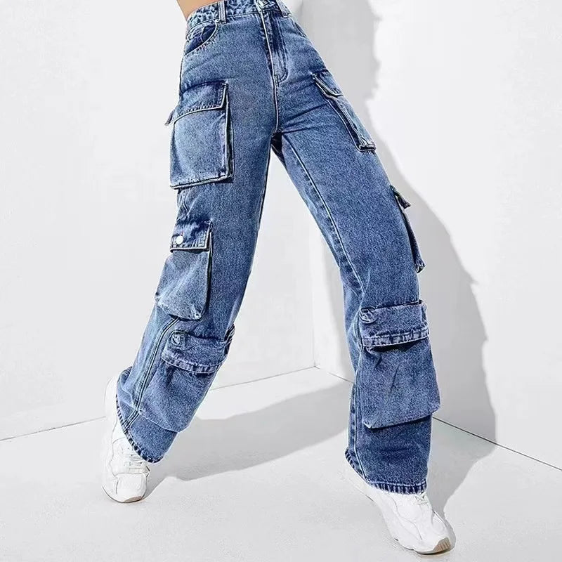 Women Jeans Zipper Fly Flat Cargo Pants Denim Pockets Clamshell High Waist Loose Mom Jeans Winter Clamshell Streewear Color Aviola