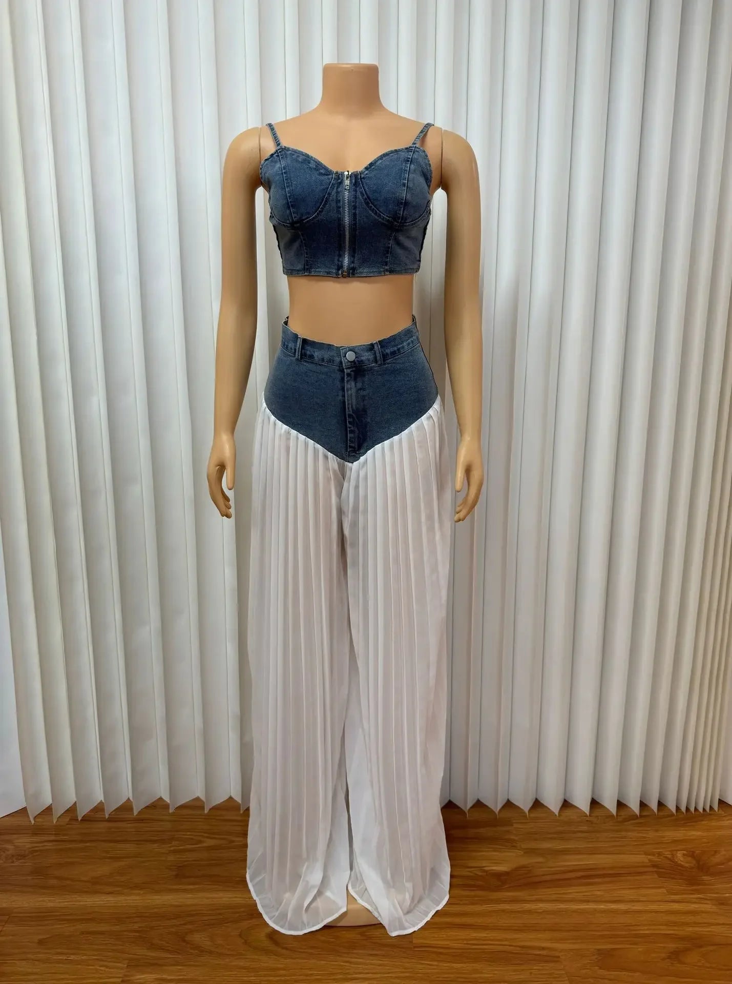 Two Piece Sets Women Sexy Denim Camisole Wide Leg Pants Patchwork Folds Slip Vest Matching Sets Suit 2025 Summer Casual Outfits Aviola