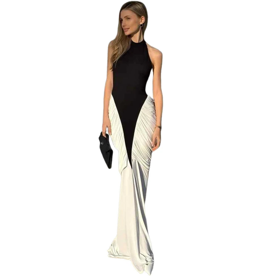 Nibber Backless Folds Maxi Dress Women Black White Patchwork Peach Butt Halter Slit Summer Trend Temperament Clubwear Vestidos Aviola