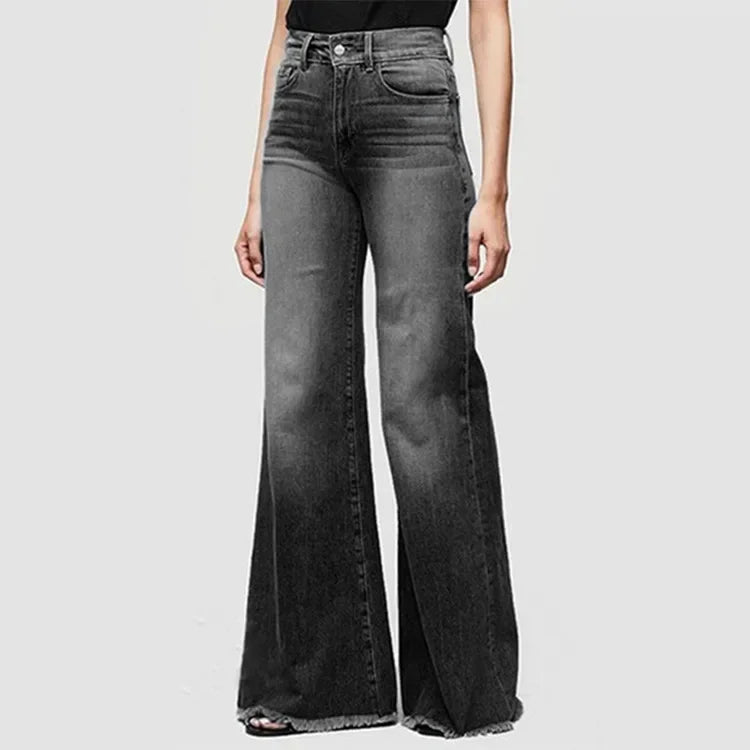 Women Washed Jeans Flare Pants Denim Mid Waist Vintage Denims Pockets Button Basics Full Length Solid Color Casual Trousers Aviola