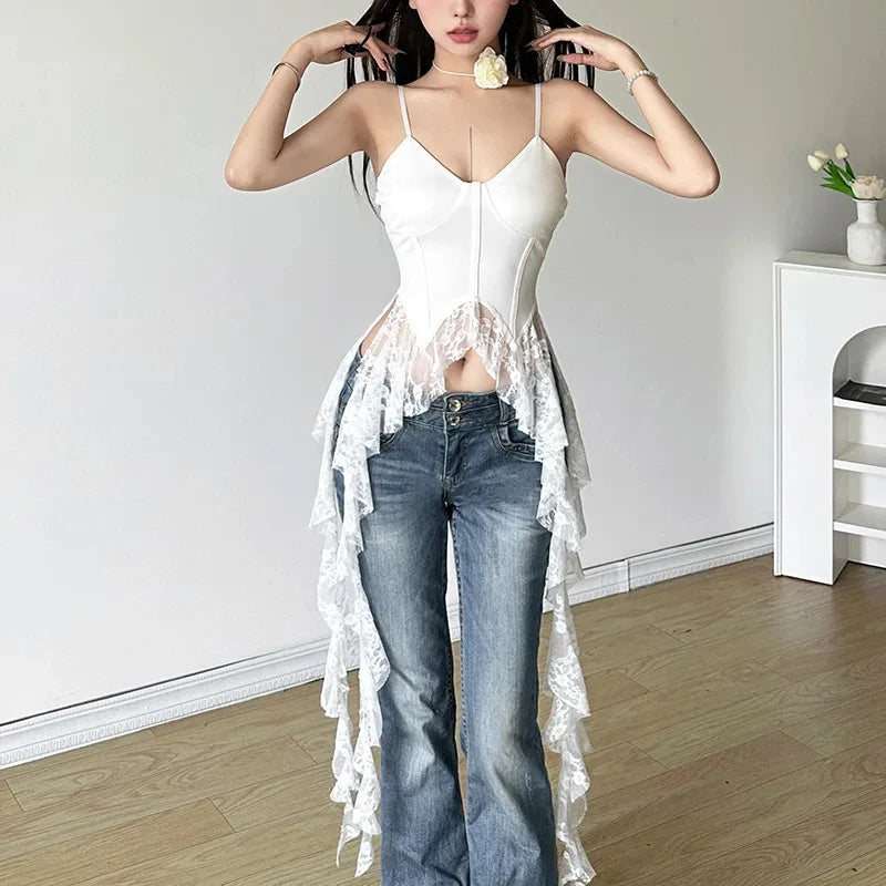 MEXZT Y2K Irregular White Tank Top Women Sexy Lace Ruffles Backless Black Corset Summer Gyaru Streetwear Grunge Bandage Camis Aviola