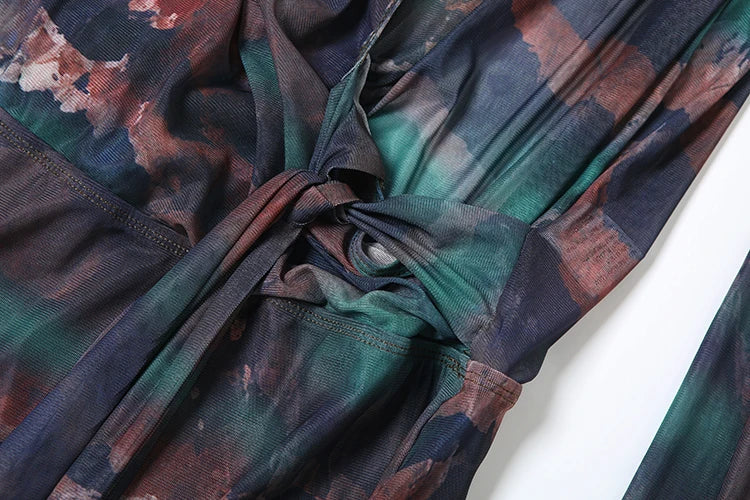 Nibber Sexy See Through Tie-Dye Dress Women Deep V-Neck Lace-Up Backless Loose Full Sleeve Summer Party Coquette Mini Bodycon Aviola