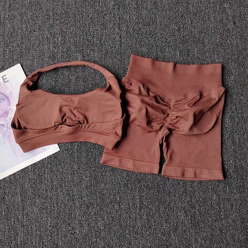 2 Pieces Yoga Suit for Women Seamless Fitness Gym Clothes Halter Sports Bra Matching Impact Shorts Workout Sets Gym Outfit Aviola