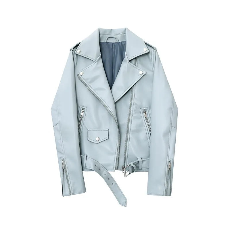 2025 New Spring Autumn Women Blue Faux Leather Jacket Ladies Solid With Belt Zipper Biker Coat Female Casual Outwear Veste Femme Aviola