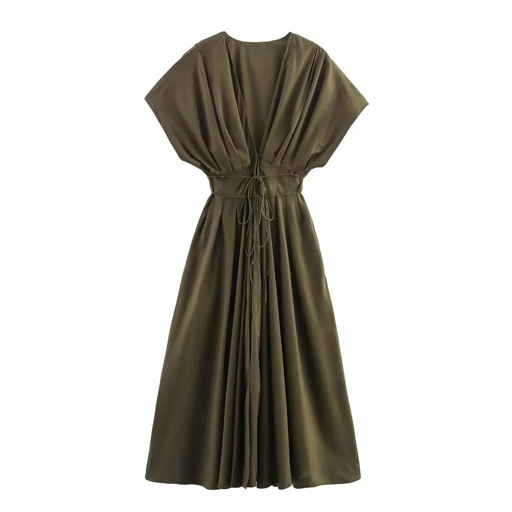 BM&MD&ZA2025Deep V-neck Pleated Shoulder Sleeve Loose A-line Dress Summer New Arrivals Women's Clothing Aviola