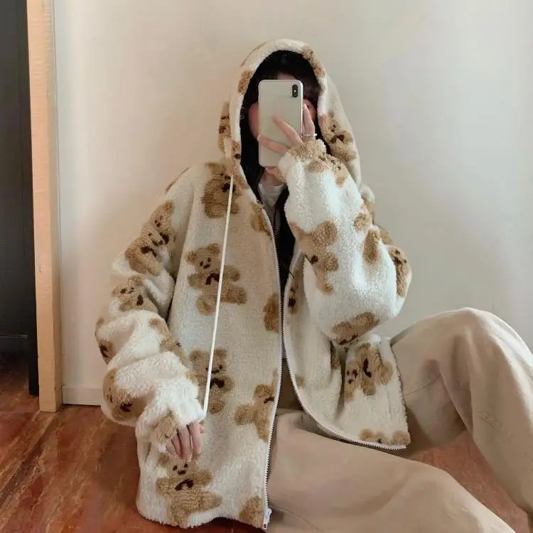 Y2K imitation lamb plush women's cotton jacket, little bear couple loose and lazy style, winter thick hooded jacket Aviola