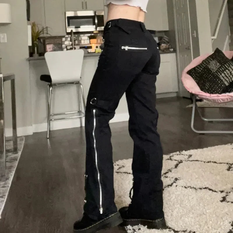 Low Waist Jeans Women Denim Straight Flare Pants Vintage Pockets Zipper Denim Punk 2025 Autumn Streetwear Ankle Length Trousers Aviola