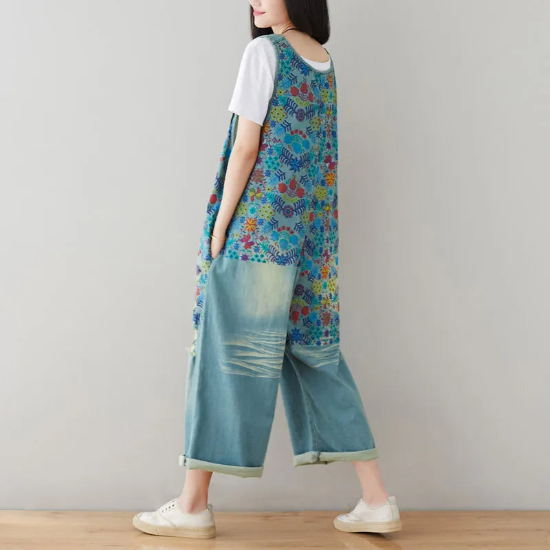Jean Women Overalls Washed Denim Bleached Wide Leg Pants Hole Ripped Ankle Length Jeans Distressed Pockets Print Casual Aviola