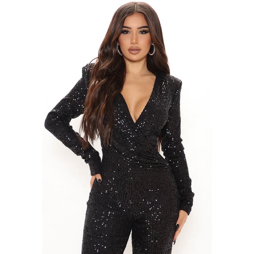 Women Jumpsuits V Neck Rompers Overalls One Piece Formal High Waist Pullover Sexy Sequins Solid Full Length Spring 2024 Aviola