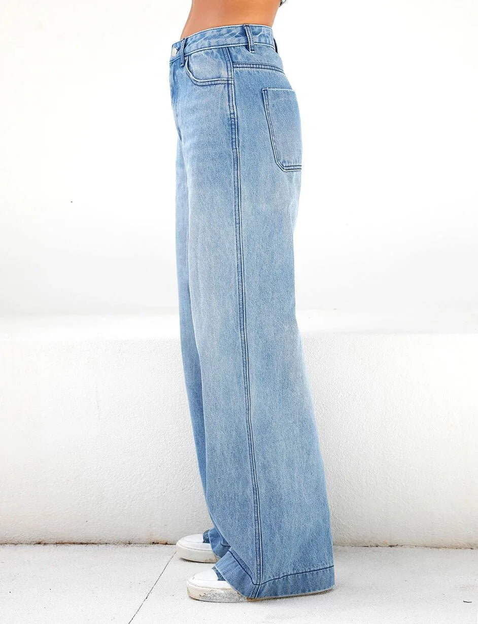 Women Jeans Wide Leg Pants Denim Pockets Streetwear Loose High Waist Full Length Washing Zipper Fly Flat Solid Color 2024 Aviola