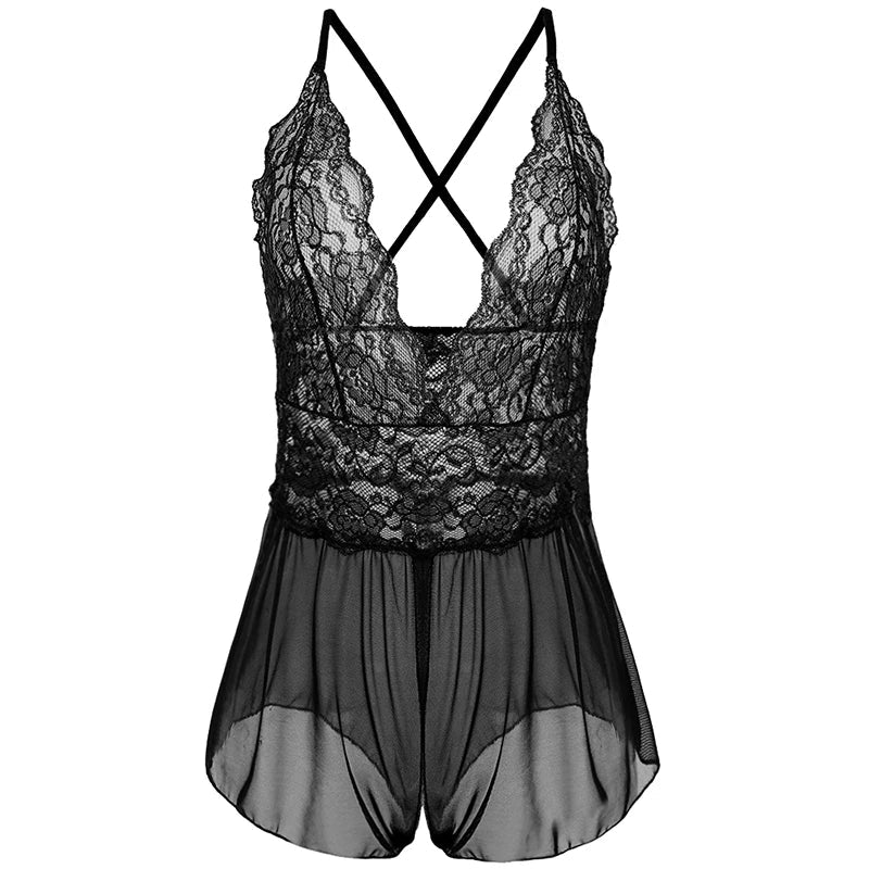 Crotchless Underwear Women Lace Mesh Transparent Bra Set Erotic Costumes Sexy Deep V Halter Neck Baby Doll Dress Lingerie Sets Aviola