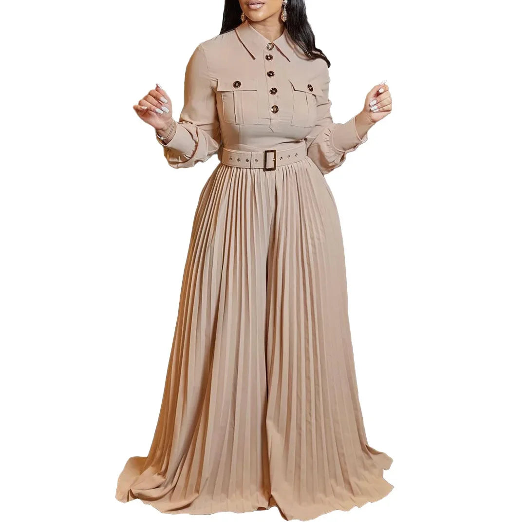 pleated Jumpsuits Women Single Breasted Long Sleeve Rompers Overalls Wide Leg Pants Spliced Sashes Slim Fit One Piece Button Aviola