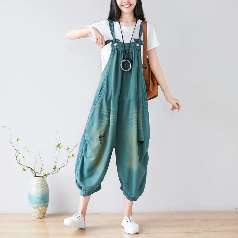 Jumpsuits Women Denim One Piece Suspenders Mom Jeans Overalls Hole Wide Leg Long Pants High Waist Work Y2k Streetwear Rompers Aviola