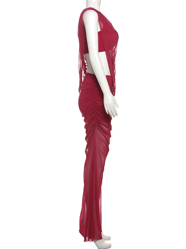 Nibber See Through Irregular 2 Piece Set Women Double Deck Diagonal Collar Tank Top+Ruched Maxi Skirts Matching Club Outfits Aviola
