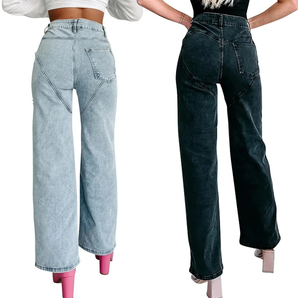 Denim Jeans for Women Streetwear Straight Pants Hole Diamonds Mid Waist Washed Distressed 2025 Casual Mom Ankle Length Trousers Aviola