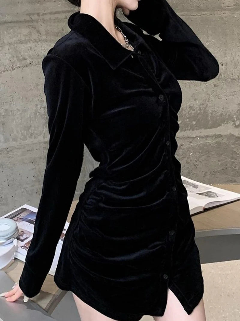 MEXZT Vintage Shirts Women Black Velvet Pleated Blouses Korean Elegant Folds Turn Down Collar Long Sleeve Slim Chic Casual Tops Aviola