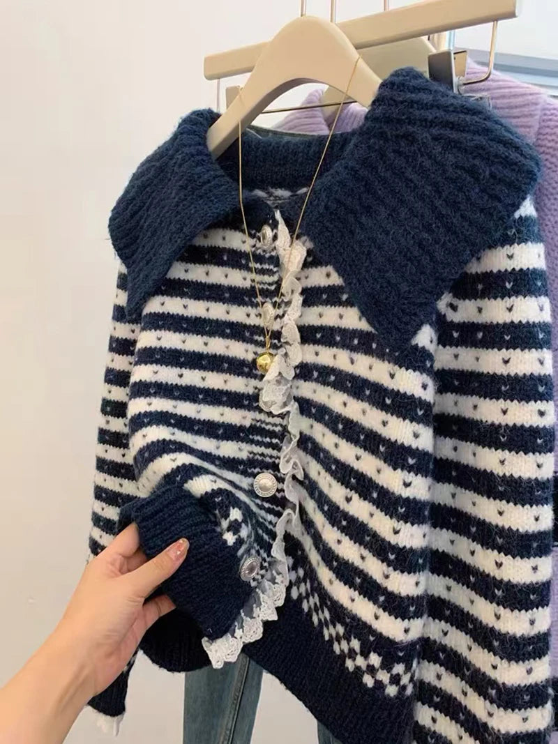 MEXZT Vintage Striped Knitted Cardigan Women Harajuku Cropped Sweater Outerwears Korean Lace Patchwork Knitwears Winter Jumpers Aviola