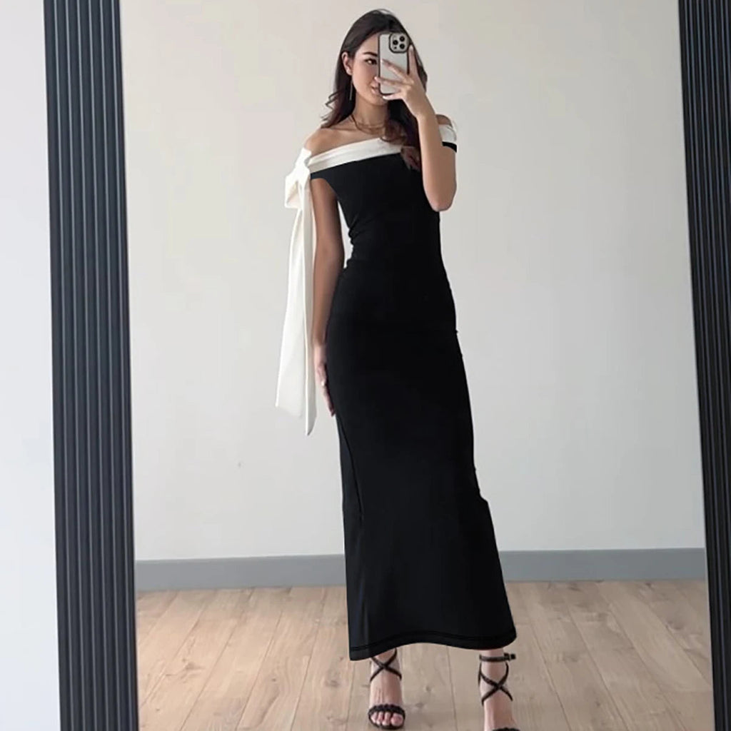 Nibber Black White Patchwork Woman Dress Elegant Bow One Shoulder Sleeveless Frenulum Temperament Skinny Noble Gown Vestidos Aviola