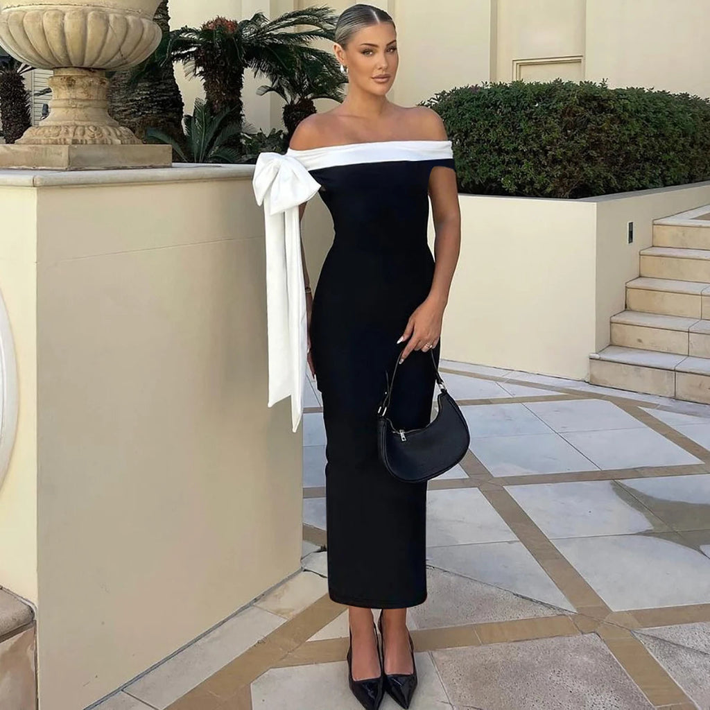 Nibber Black White Patchwork Woman Dress Elegant Bow One Shoulder Sleeveless Frenulum Temperament Skinny Noble Gown Vestidos Aviola