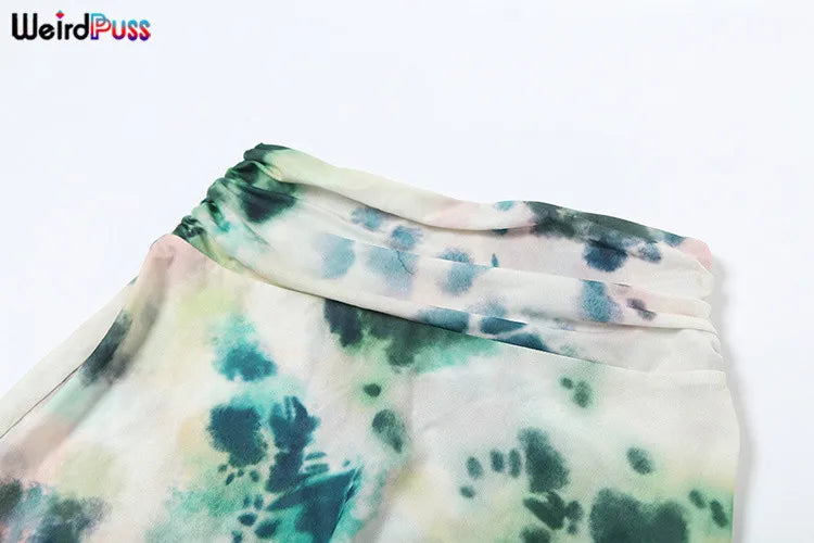 nibber Backless Halter 2Peice Set Woman Print Summer Swinging-Collar Bandage Tank Tops+Mesh Ruffles Tie-Dye Skirt Matching Suit Aviola