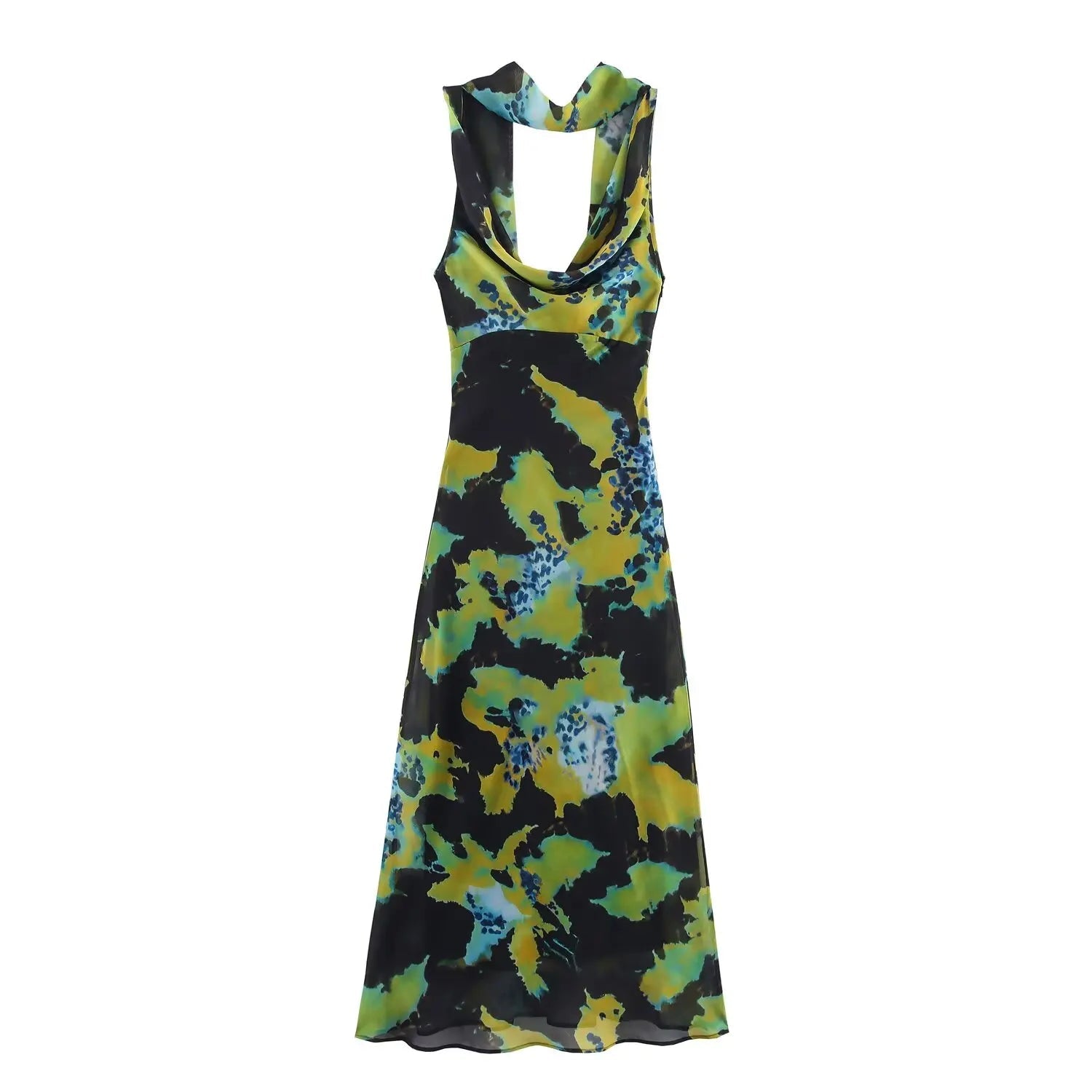 BM&MD&ZA2025 Women's Summer New Scarf Decorated Elegant Sexy Cowl Neck Sleeveless Wide Strap Long Printed Chiffon Dress Aviola