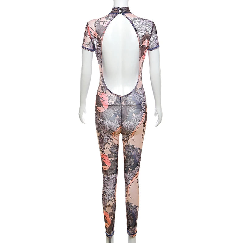 NIBBER Summer Women Round Neck Fashion Printing Short Sleeve Jumpsuit Body Shaper Jumpsuit Street Casual Spice Girl Clothing Aviola