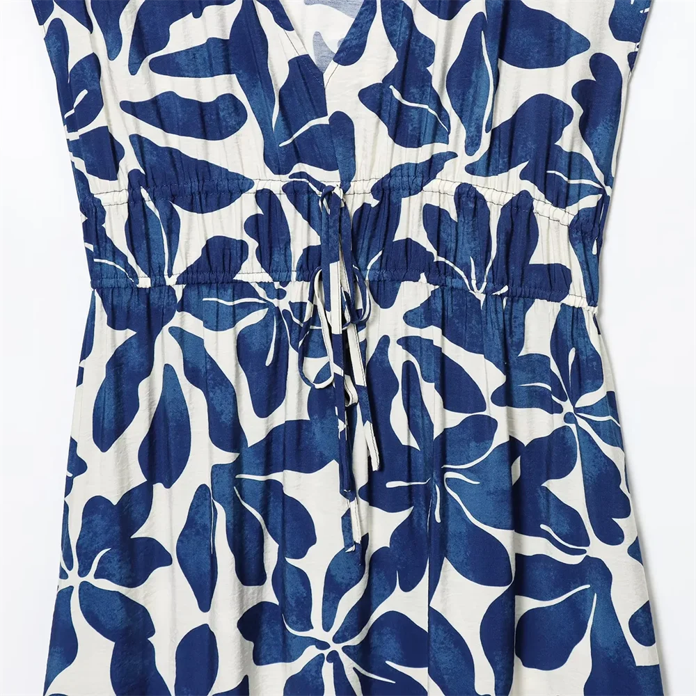 BM&MD&ZA2025niche temperament V-neck sleeveless pleated waist design flower print dress summer new women's clothing Aviola