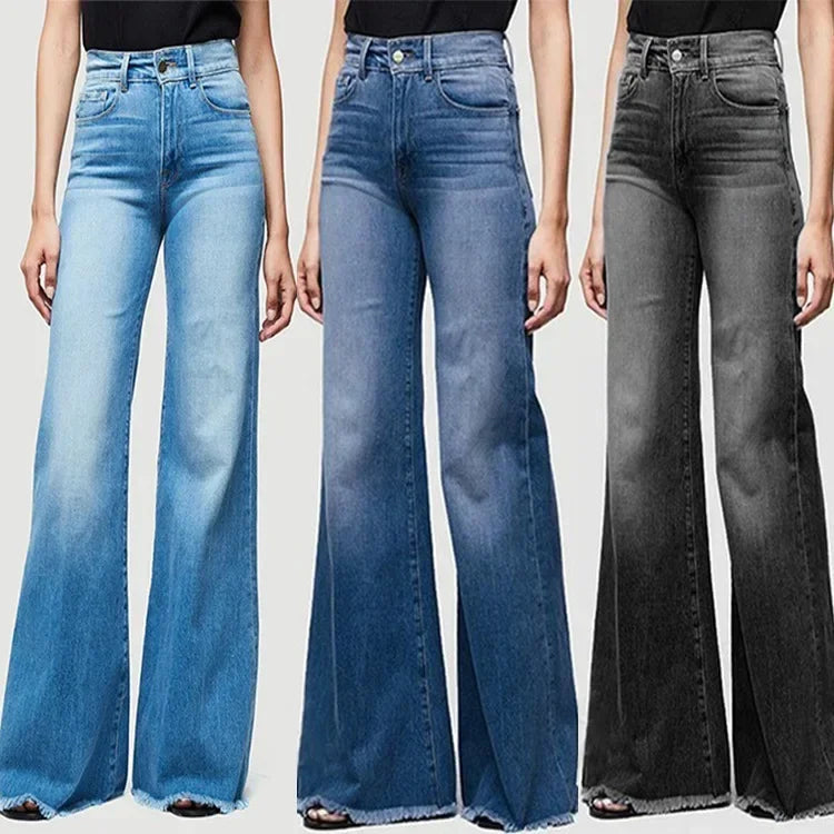 Women Washed Jeans Flare Pants Denim Mid Waist Vintage Denims Pockets Button Basics Full Length Solid Color Casual Trousers Aviola