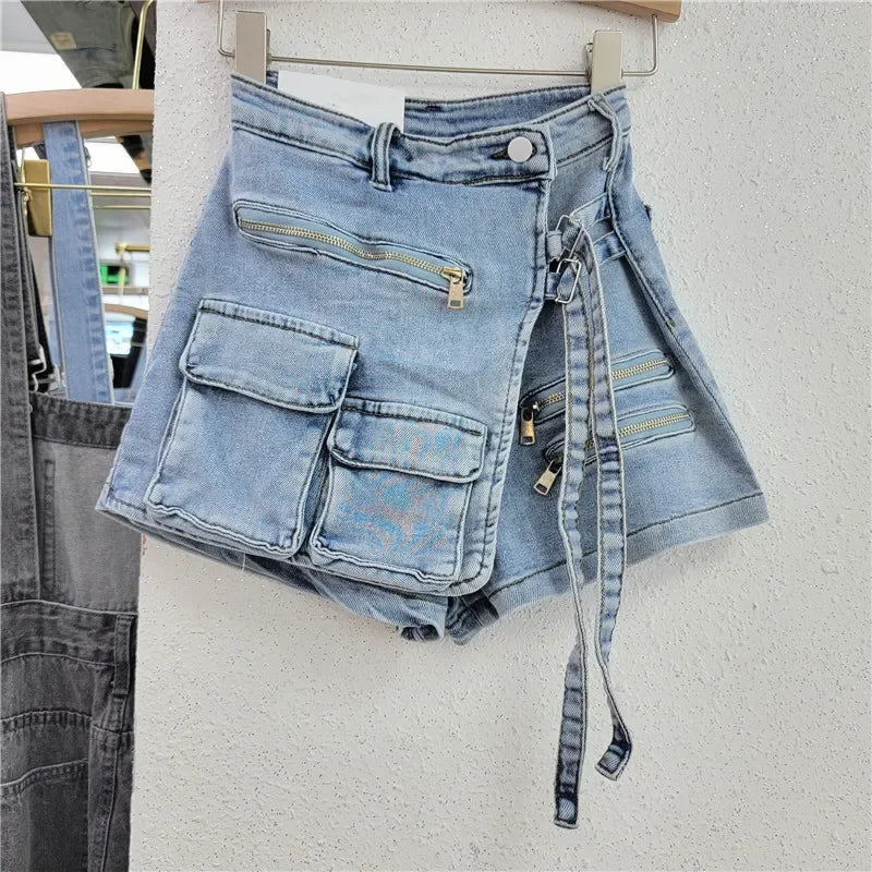 Denim Skirt Women Jeans Culottes Cargo Shorts Irregular Washed High Waist Multiple Y2k Punk Streetwear Short Pants Summer 2025 Aviola
