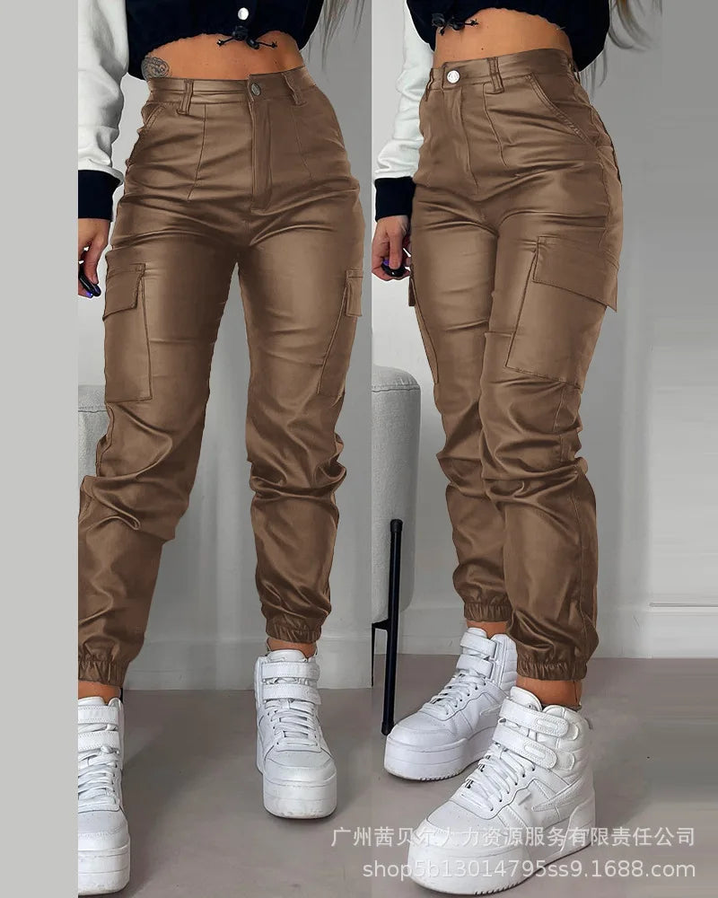 2023 Women Leather Pants Pencil Multiple Pockets Tight Pu Pants Solid Color Button Classic Leather Slim Trousers Female Autumn Aviola