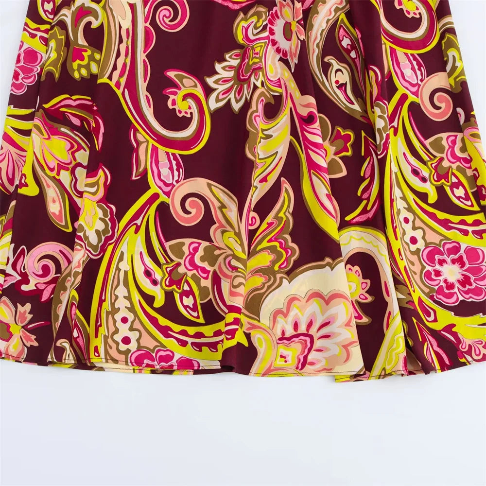 Gorgeous Burgundy Paisley Print Women Dress with Long Bell Sleeves and Belted Waist from BM&MD&ZA 2025 Collection Aviola