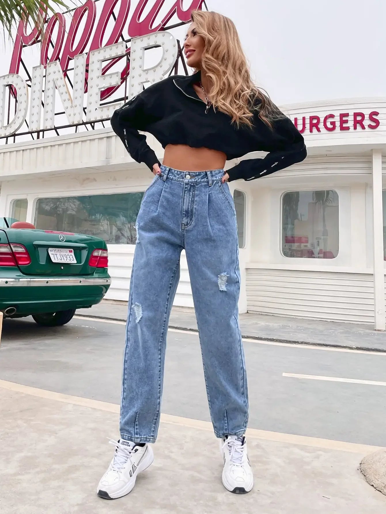Distressed Women Jean Straight Pants High Waist Ankle Length Jeans Ripped Loose Fit Basics Washed Denim Pants Hole Autumn Aviola