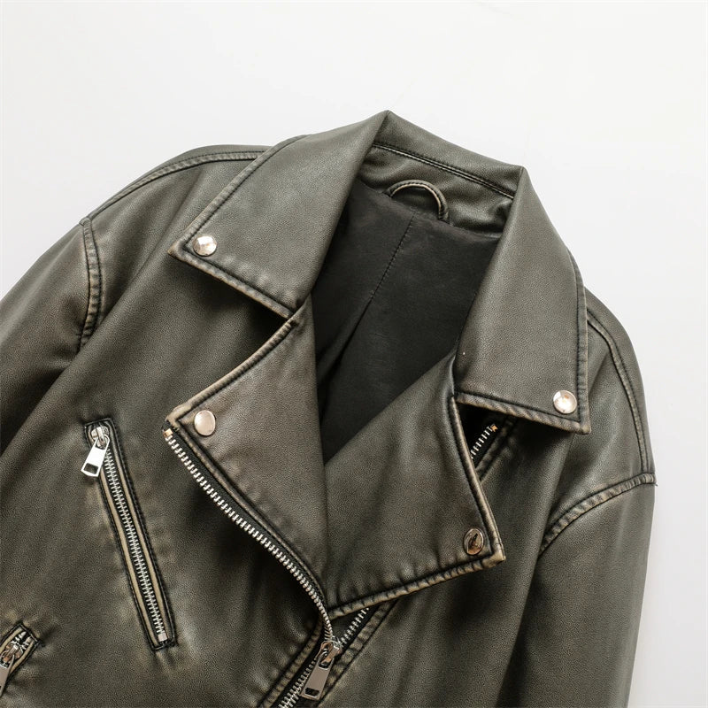 RARF ladies 2024 new vintage do old washed leather imitation leather locomotive type PU jacket women's coat top Aviola