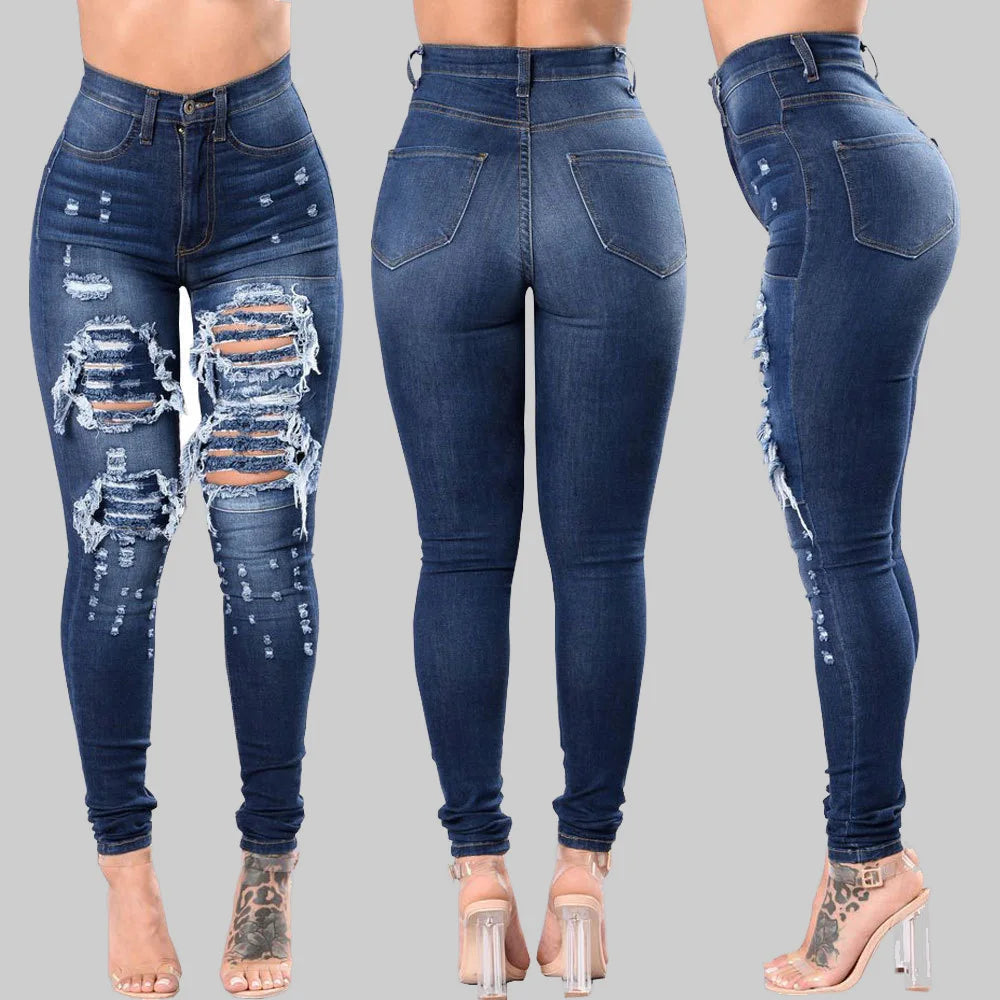 Jeans Women Hole Denim Pencil Pants Ripped Skinny Ankle Length Trousers Stretch High Waist Distressed Washed 2025 Streetwear Aviola