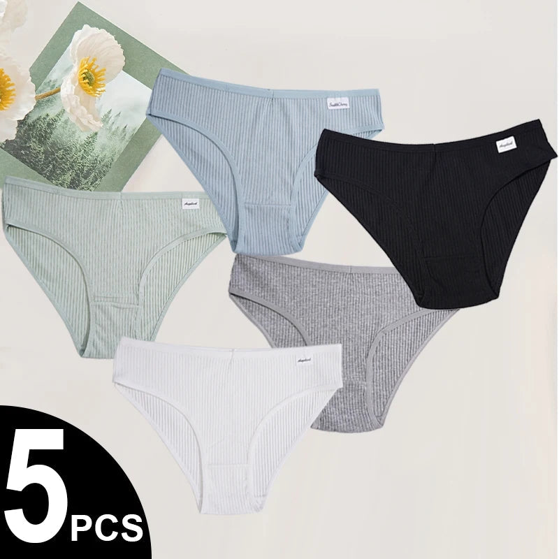 5PCS Women's Low Waist Underwear - Soft, Elastic Hip Underwear with Knitted Details, Breathable COTTON Blend, S-XXL Size Aviola