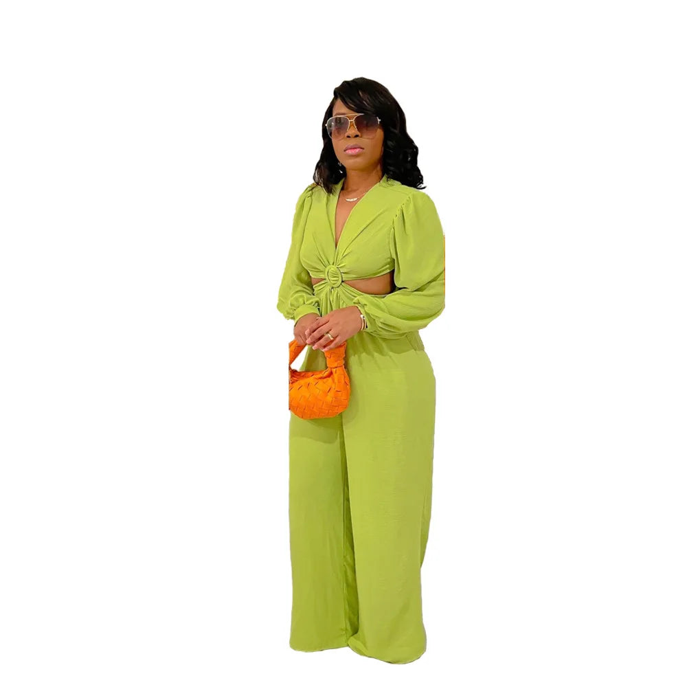 Jumpsuits Long Sleeve One Piece V Neck Women Rompers Backless Sexy Overalls Solid Wide Leg Pants Pockets Spliced Full Length Aviola