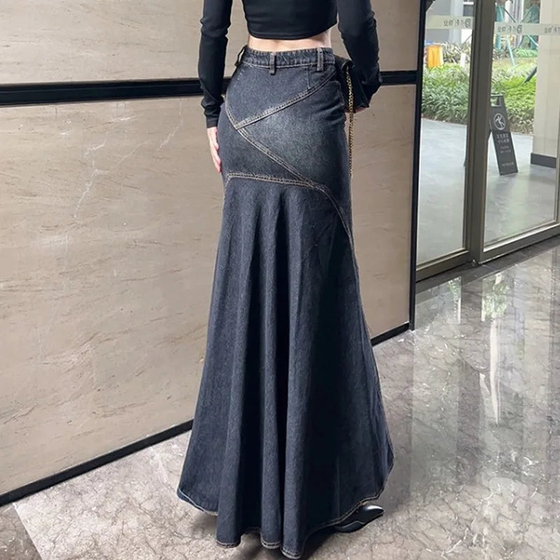 Maxi Skirt Women Casual Mermaid Streatwear High Waist Zipper Denim Skirts Y2k Streetwear Loose Long Mom Jeans Ankle Lenth Summer Aviola